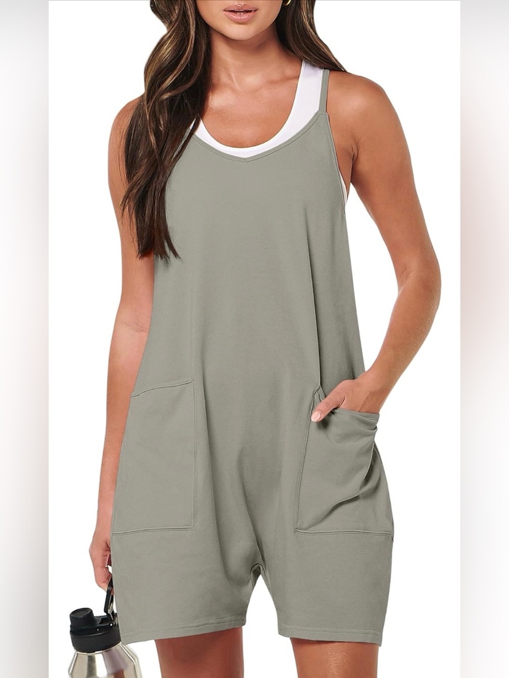Casual Gray Spaghetti-Strap Romper with Front Pockets